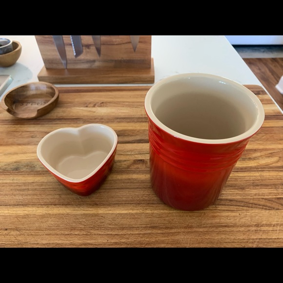 Le Creuset Other - Cerise Heart Shaped Salt Cellar and Utensils Crock